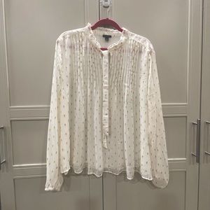 Ann Taylor gold shimmer clip dot and ivory tie neck long sleeve blouse sz xxl